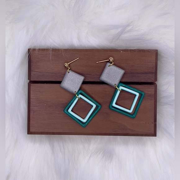 Geometric Teal & Silver Dangle Earrings + Gift Box - Picture 1 of 4
